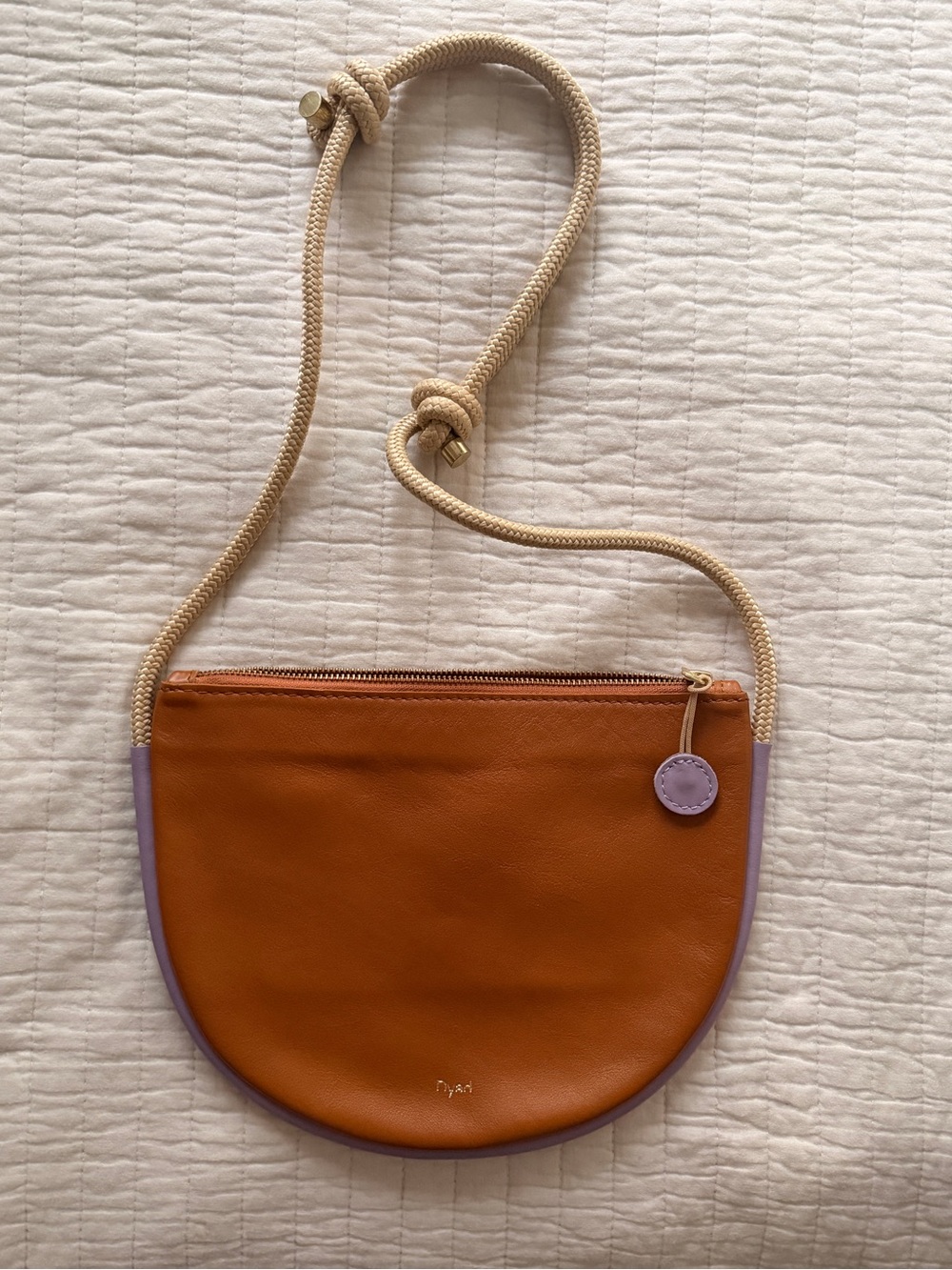 Women's Tan Leather Crossbody Bag with Purple Trim